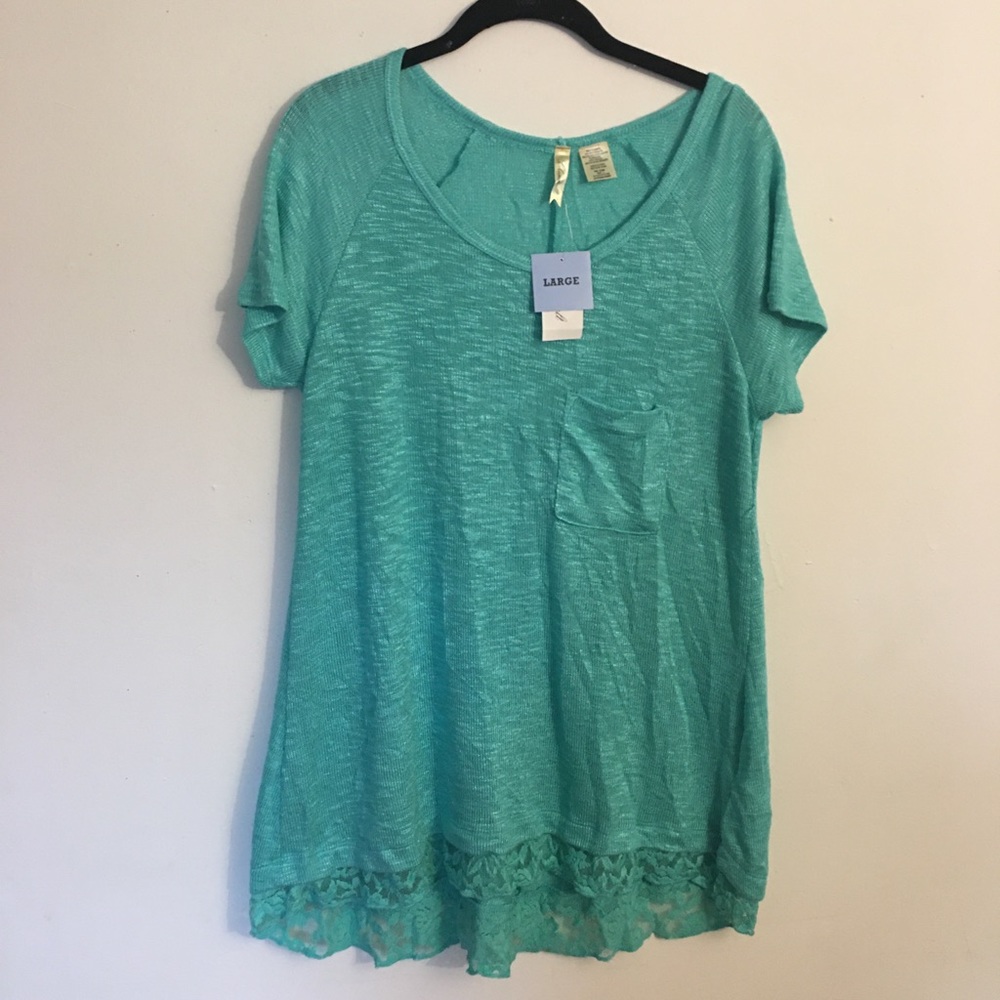 NWT Chenault Turquoise Lace Trim Tunic Blouse: Size Large